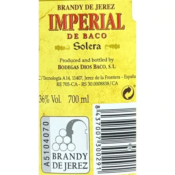 Etiqueta Brandy Imperial de Baco