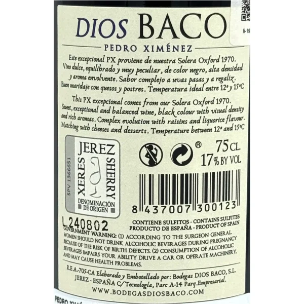 Etiqueta Pedro Ximenez Dios Baco