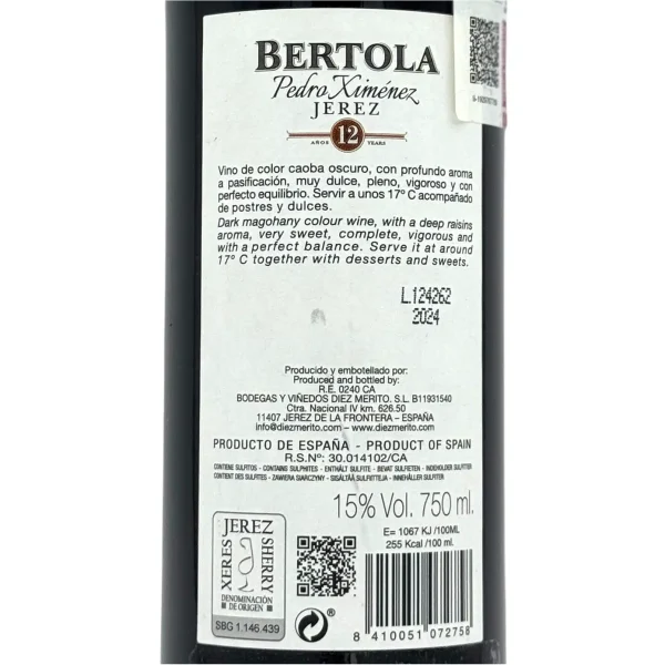 Pedro Ximenez Sherry Bertola 12 años etiqueta