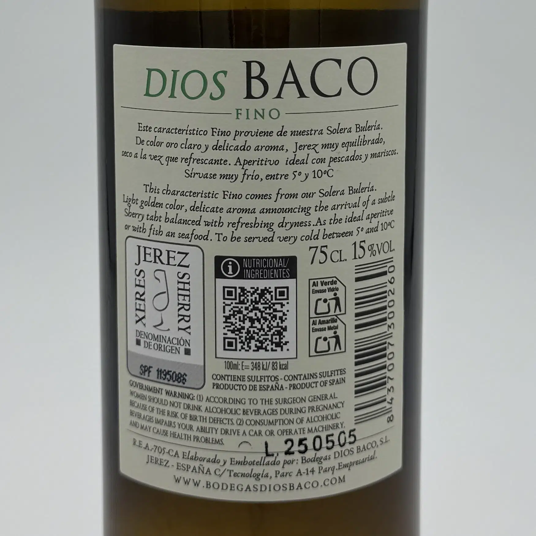 etiqueta trasera sherry fino Dios Baco