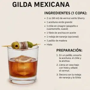 Infografia de gilda mexicana Receta de vermut con gilda mexicana: aceituna, anchoa y chile