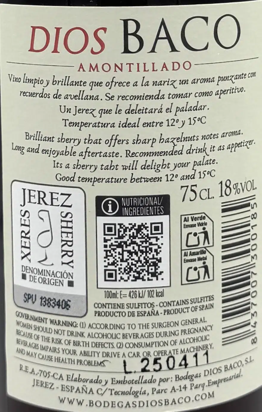 etiqueta amontillado sherry Dios Baco