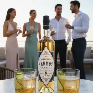 Tomarndo vermut blanco Dios Baco en rooftop