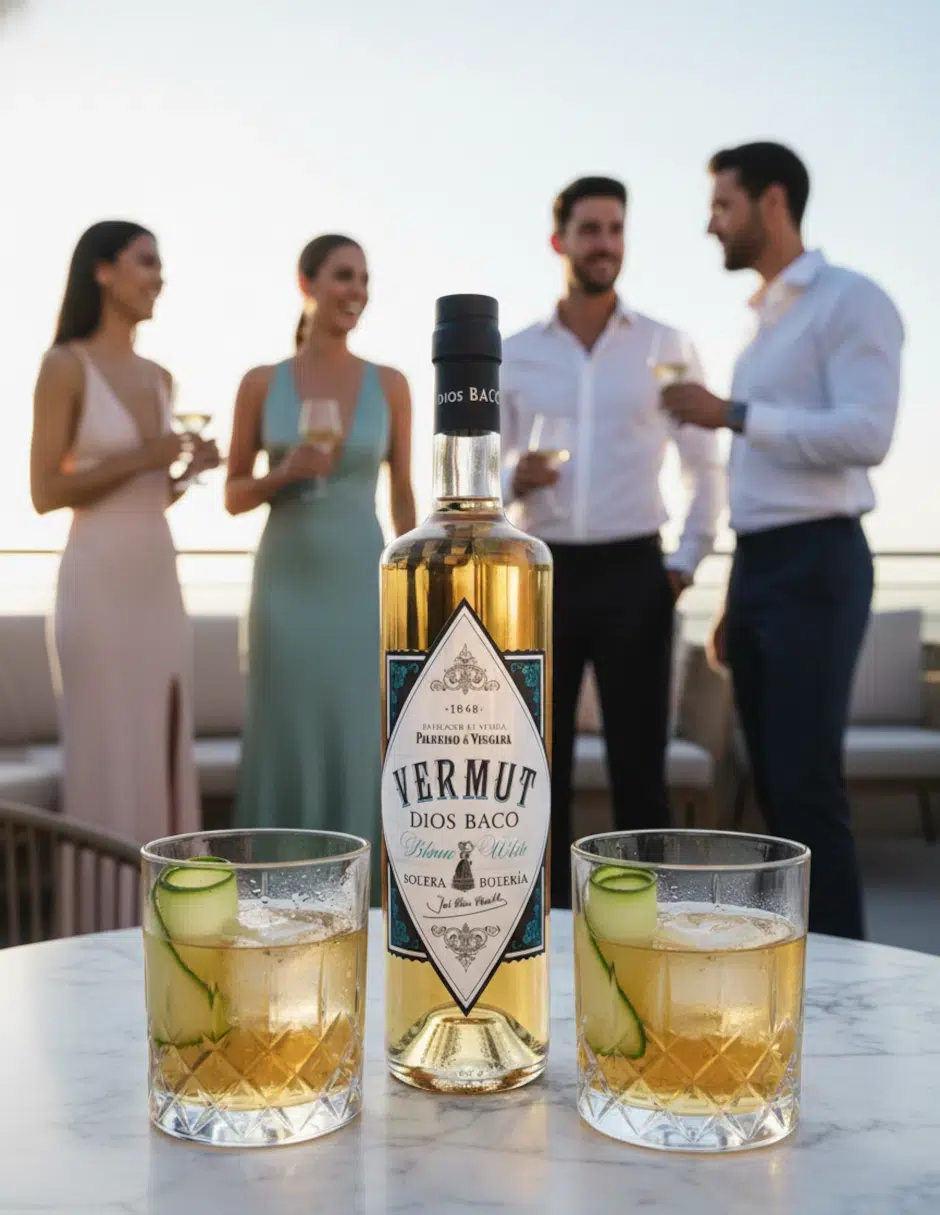 Tomarndo vermut blanco Dios Baco en rooftop