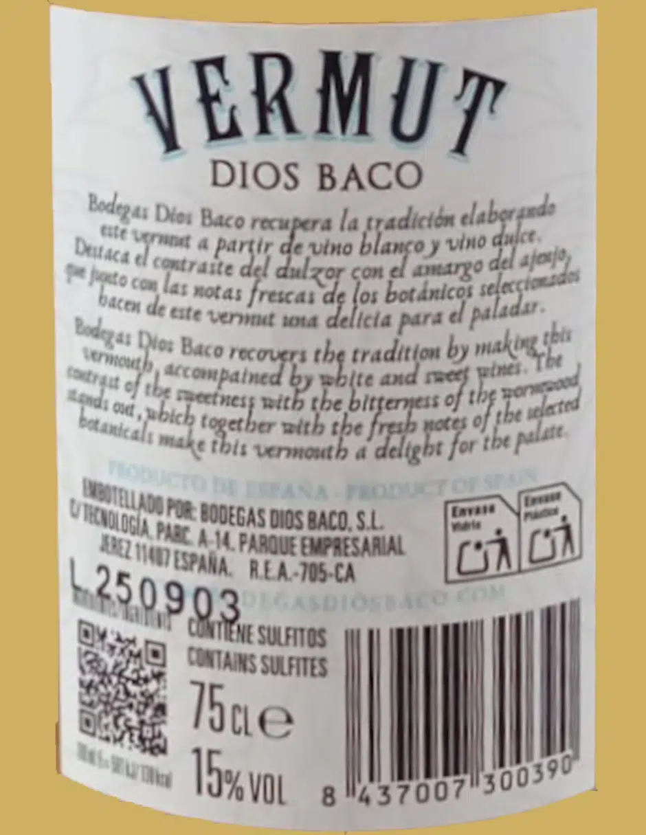 etiqueta vermut blanco Dios Baco